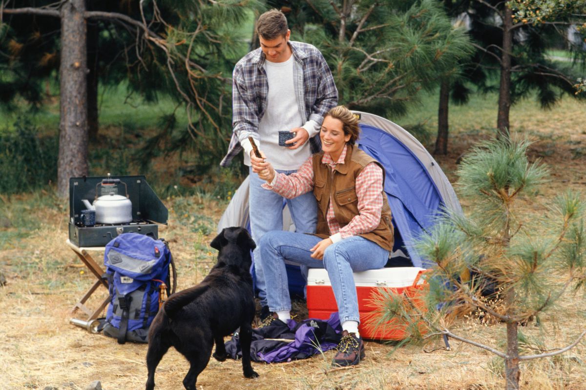 Couple camping with dog