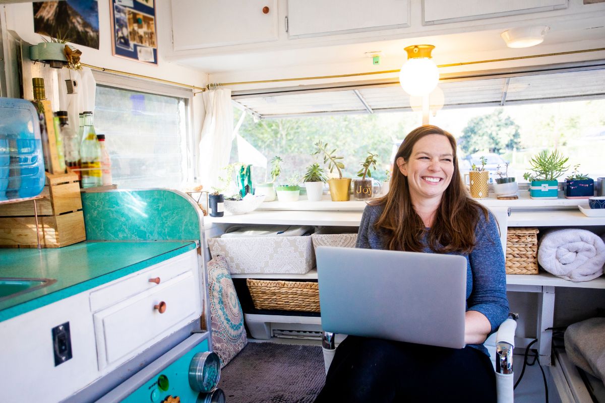 Woman working from her RV