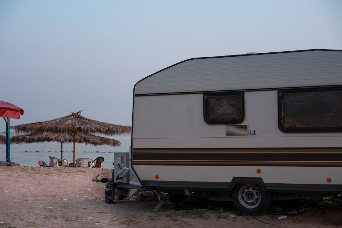 Travel trailer parked on the beach